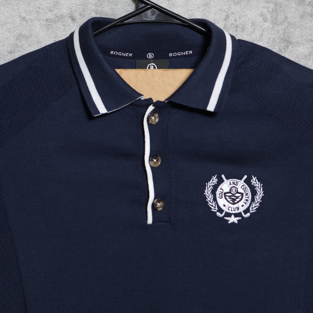 Bogner Polo Sweater Mens Large Navy Blue Silvio Tight-Knit Golf Crest Logo